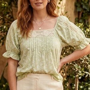 Easel Sage Green Lace-Trim Peasant Top
